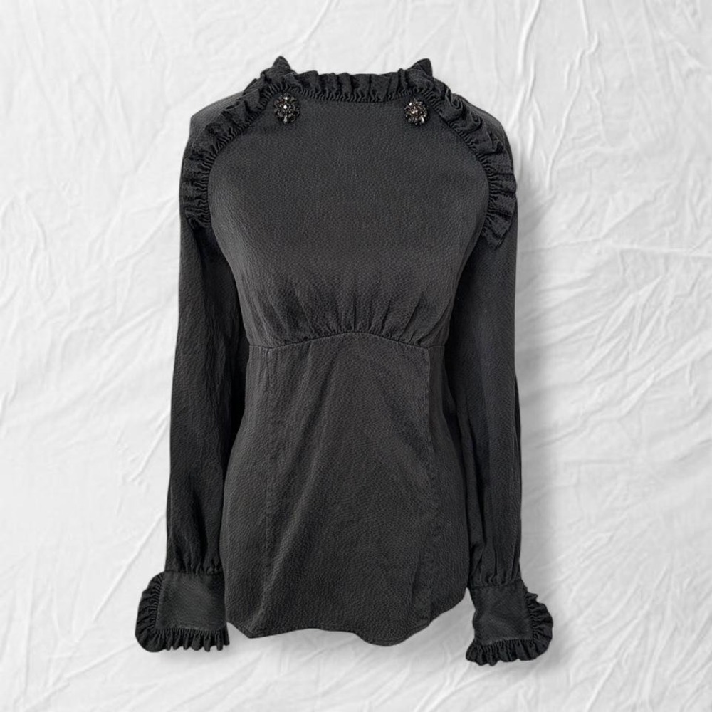 BCBG black silk ruffle blouse romantic goth